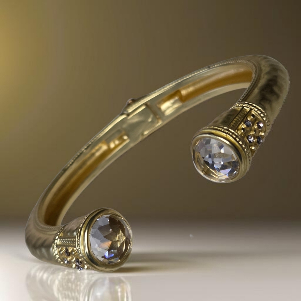 14k Matte Gold Plated Hydro Quartz Crystal Chunky Hinged Bangle Bracelet